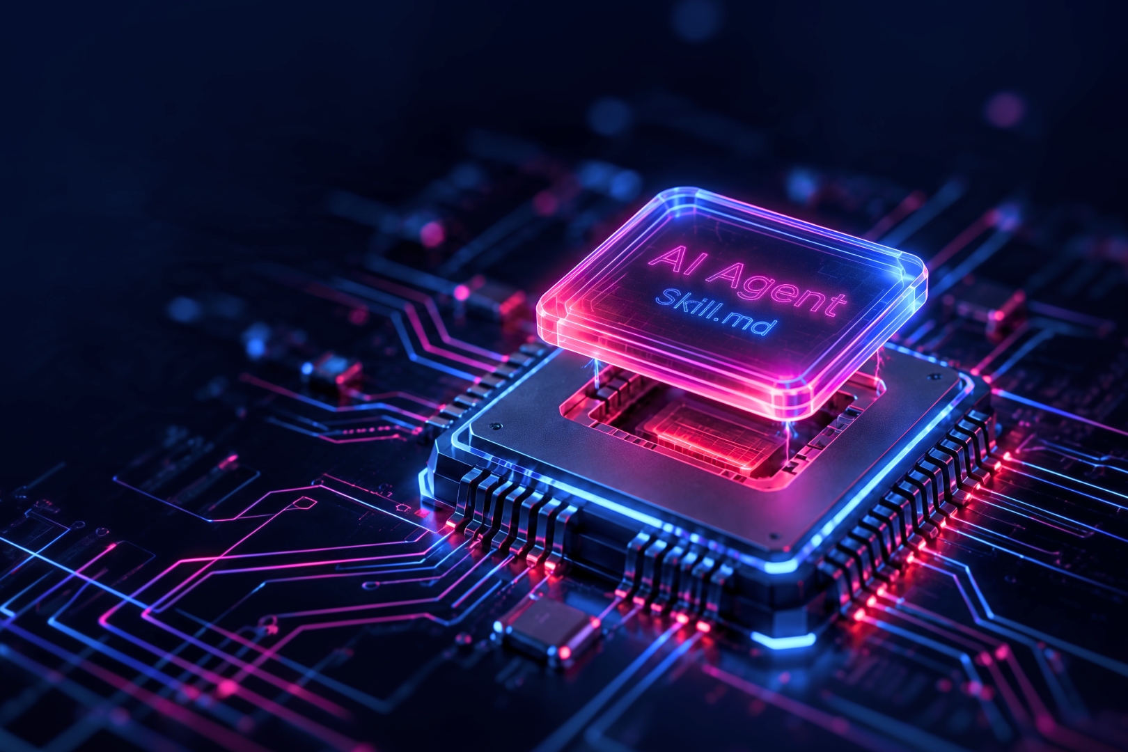 MIGx cover image for AI Agent Skills, showing an illuminated AI Agent Skill module integrated into a digital processing system.