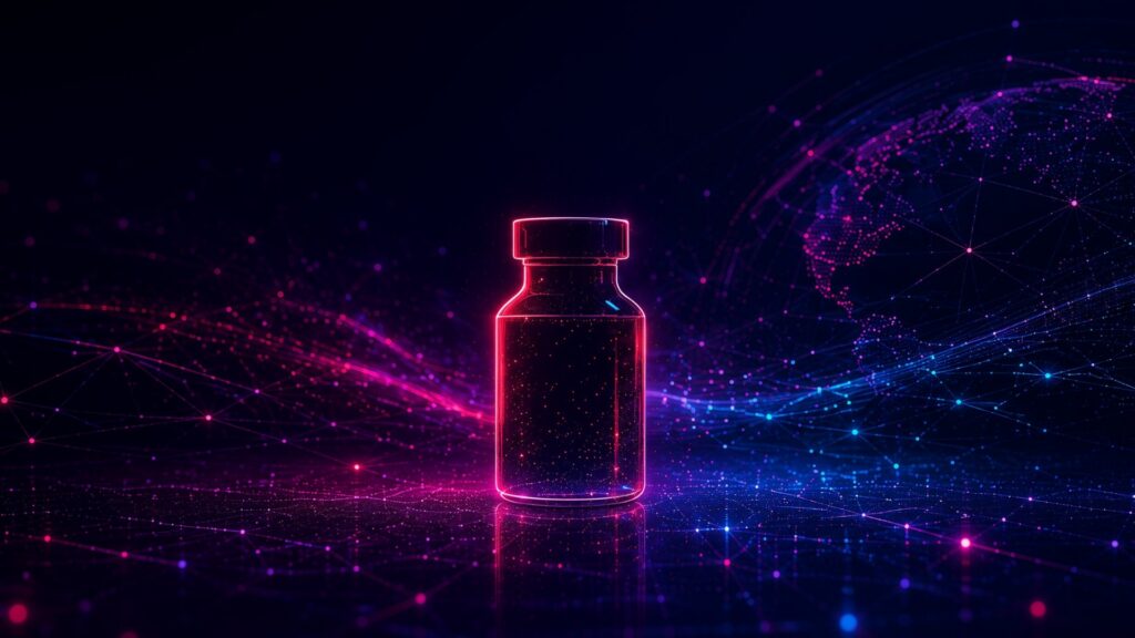 MIGx blog cover for IDMP in the AI era, showing a glowing medicinal product vial at the centre of a dark digital network background with global data connections, representing product identity, interoperability, and AI-ready Life Sciences data