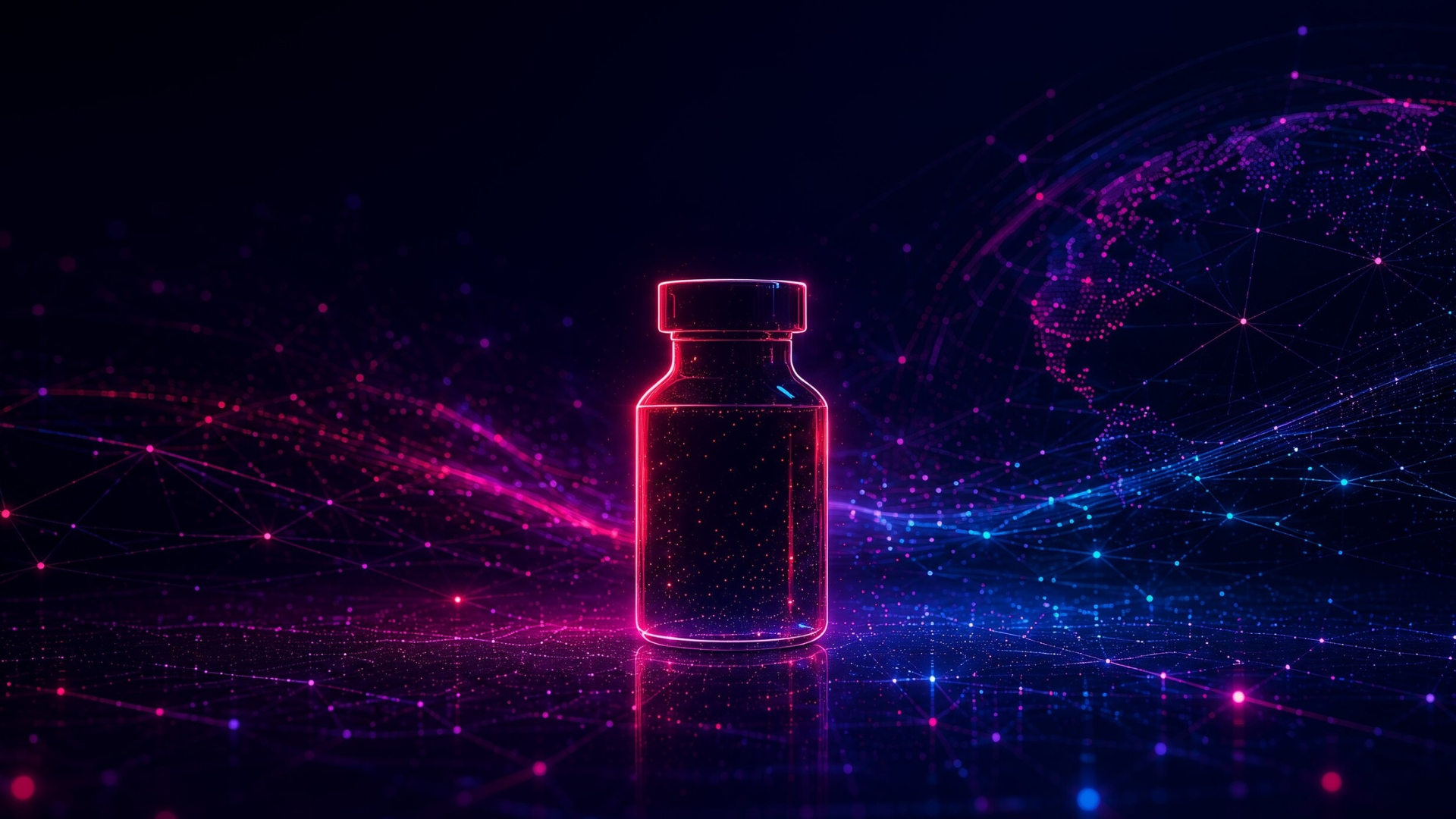 MIGx blog cover for IDMP in the AI era, showing a glowing medicinal product vial at the centre of a dark digital network background with global data connections, representing product identity, interoperability, and AI-ready Life Sciences data