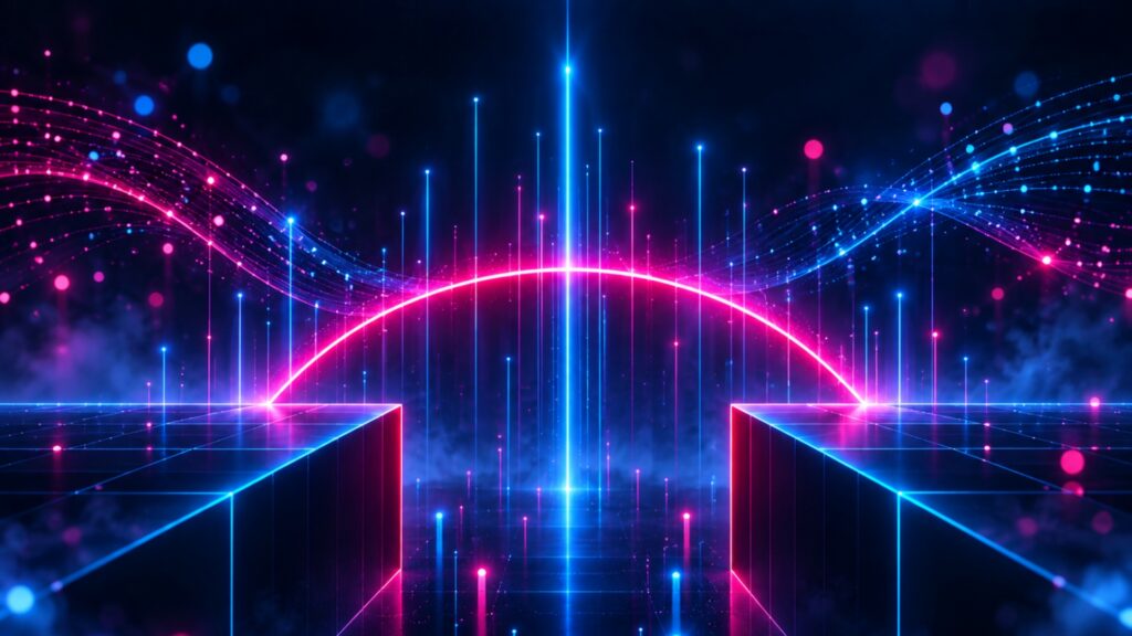 Validating AI outputs in Life Sciences, illustrated by a neon bridge connecting fragmented data across a digital network.