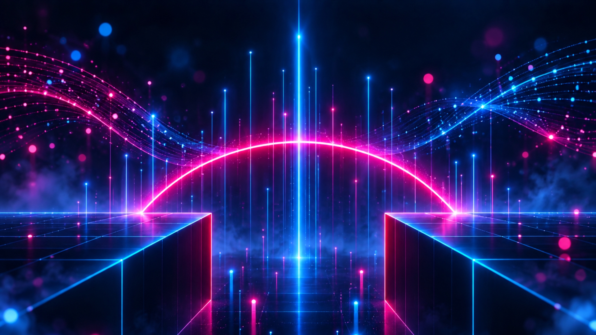 Validating AI outputs in Life Sciences, illustrated by a neon bridge connecting fragmented data across a digital network.