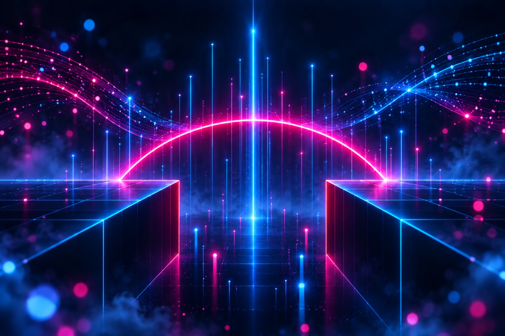 MIGx Validating AI outputs in Life Sciences cover, illustrated by a neon bridge connecting fragmented data across a digital network.
