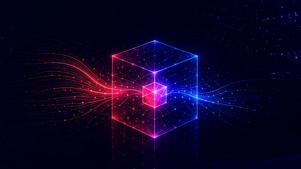 Blog cover for “Why IDMP Goes Beyond Traditional Master Data Management” with red and blue data lines flowing through a glowing cube.